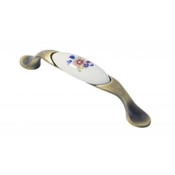 Maner Ceramica Model W0520/701B, 96 mm, Finisaj Antic Auriu/Flori Albastre