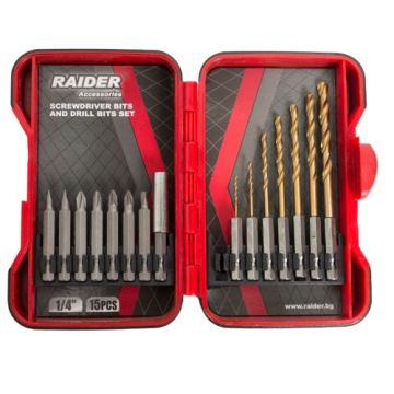 Set biti si burghie pentru surubelnita 15 piese, Raider 157795