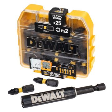 Bit impact Extreme® Flextorq DeWALT DT70564T, PZ2 x 25 mm, set 25 bucati, cutie Tic-Tac, cu adaptor magnetic