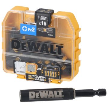 Bit impact Extreme® Flextorq DeWALT DT70618T, PZ2 x 25 mm, set 15 bucati, cutie Tic-Tac, cu adaptor magnetic