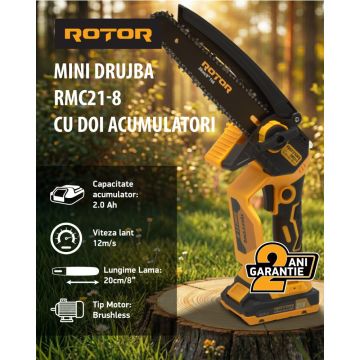 Fierastrau cu Lant si Acumulator Rotor RMC21-8, 21V / 2Ah, Brushless, Ungere lant,