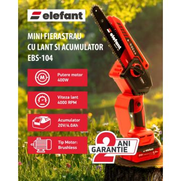 Mini Fierastrau cu Lant si Acumulator Elefant EBS-104, 20V / 4Ah, Brushless