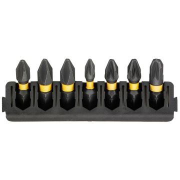 Set 7 biti FLEXTORQ, DeWALT DT70809, PH PZ mixt, 25 mm, cu un suport compatibil cu sistemul TOUGHCASE