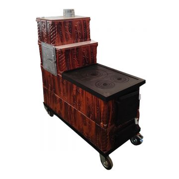 Soba teracota cu plita si cuptor  4 randuri  maro  degrade  tip cizma  cu roti  45 x 100 x 120 cm  evacuare dreapta
