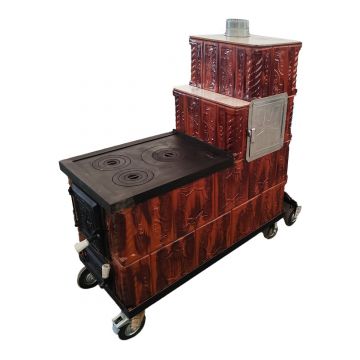 Soba teracota cu plita si cuptor  4 randuri  maro  degrade  tip cizma  cu roti  45 x 100 x 120 cm  evacuare stanga