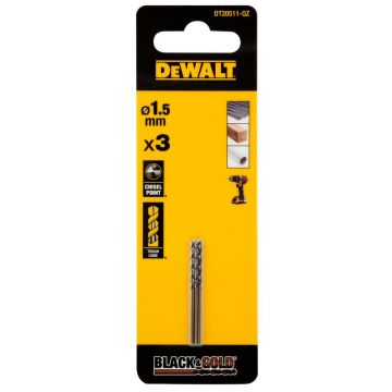 Burghiu Black&Gold pentru metal DeWALT DT20511, tip HSS, 1.5 x 18 x 40 mm, coada cilindrica, set 3 bucati