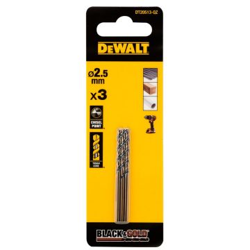 Burghiu Black&Gold pentru metal DeWALT DT20513, tip HSS, 2.5 x 30 x 57 mm, coada cilindrica, set 3 bucati