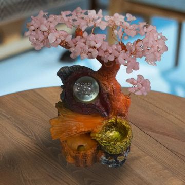 Fantana arteziana, Feng Shui, LED, pompa submersibila, pietre semipretioase de Cuart Roz, Naimeed D3009-Roz, Inaltime 28cm