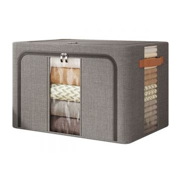 Cutie Depozitare Multifunctionala, cu Cadru Metalic, Fermoar Dublu și Ferestre Transparente, Naimeed D7652, dimensiuni 60x42x40cm, Gri inchis