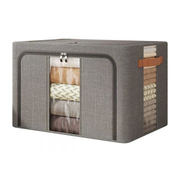 Cutie Depozitare Multifunctionala, cu Cadru Metalic, Fermoar Dublu și Ferestre Transparente, Naimeed D7653, dimensiuni 50x40x33cm, Gri inchis