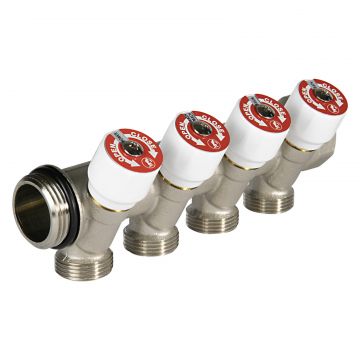 Distribuitor modular Giacomini R585CSX144, 4 iesiri, cu robinete de inchidere, 1   x 3 4  E, alama nichelata