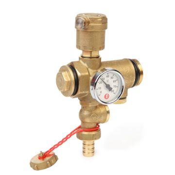 Grup intermediar Giacomini R554DY005, pentru distribuitor incalzire racire, cu aerisitor automat, robinet de golire si termometru