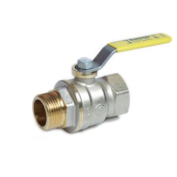 Robinet cu bila Giacomini R734LGAX007, 1 1 2   filet interior-exterior, alama nichelata, maneta otel cu protectie PVC galben, gaz, PN 5 bar