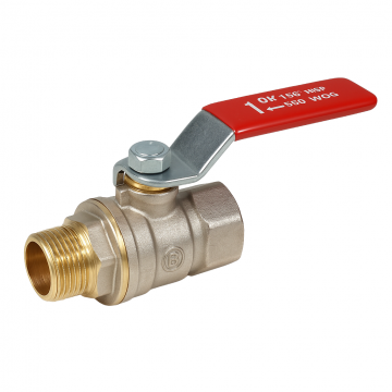 Robinet cu bila Giacomini R914LX027 DADO, filet interior-exterior, diametru 1   1 2, alama nichelata, trecere totala, maner metalic rosu