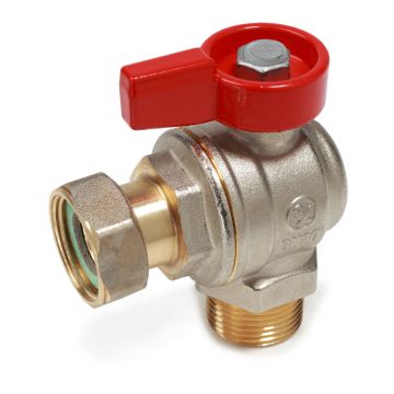 Robinet cu bila unghiular Giacomini R780PX013, filet exterior-interior 1 2  , cu maner tip T rosu, nichelat, alama