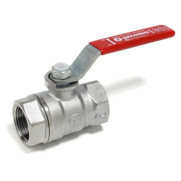 Robinet sferic Giacomini R250X007, 1 1 2  , filet interior, maneta otel cu PVC rosu, PN35 bar, alama cromata