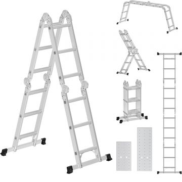 Scara multifunctionala din aluminiu, cu 2 placi tip platforma, 12 trepte, sarcina 150 kg, gri