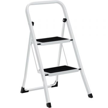 Scara pliabila cu 2 trepte, cauciuc antiderapant, sarcina 150 kg, otel, 45x55x82cm, alb si negru