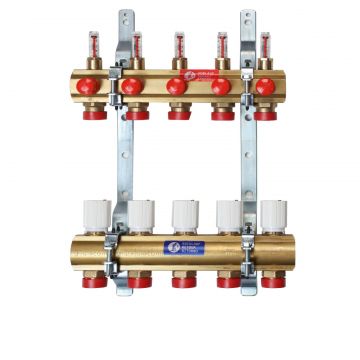 Set distribuitor-colector preasamblat Giacomini R553FY009, 9 circuite, cu debitmetre, pentru incalzire in pardoseala, 135 mp