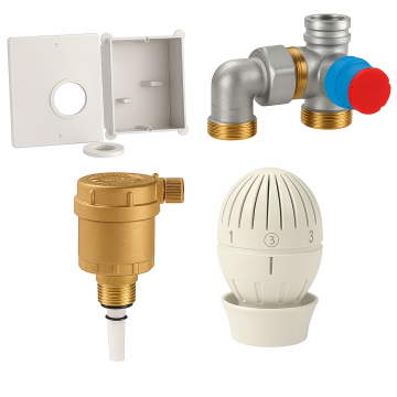 Set distribuitor Giacomini R508KY001, pentru incalzire in pardoseala, complet cu ventil termostatic, racorduri si cutie de montaj