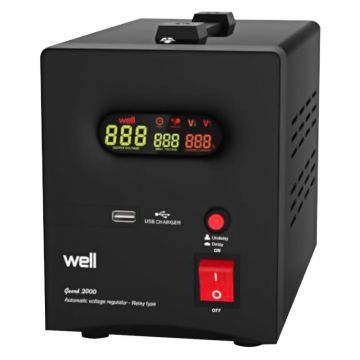 Stabilizator Automat de Tensiune cu Releu 2000VA / 1200W, Negru, Well
