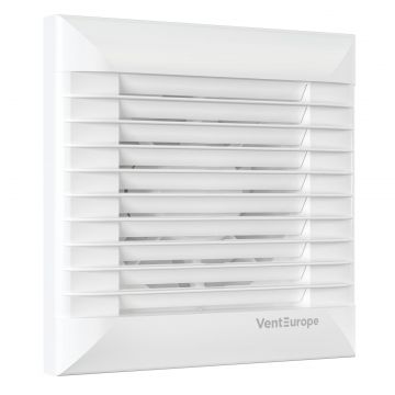 Ventilator de perete VentEurope AUTO100, patrat, diametru 100 mm, debit 85 mc h, 16W, IP24, jaluzele automate, silentios, Alb