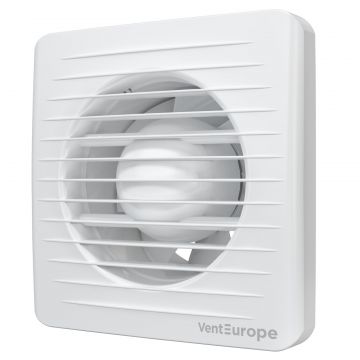 Ventilator de perete VentEurope CLASSIC100BD, cu clapeta antiretur si indicator luminos, patrat, diametru 100 mm, debit 97 mc h, 14W, IP24, Alb
