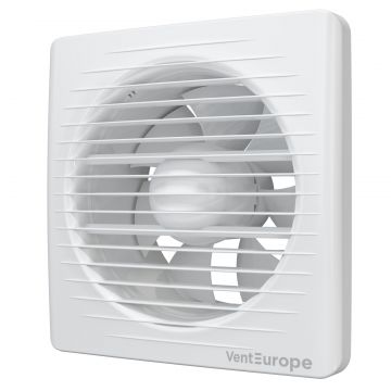 Ventilator de perete VentEurope CLASSIC150, patrat, diametru 150 mm, debit 290 mc h, 16W, IP24, cu indicator luminos si plasa anti-insecte, Alb