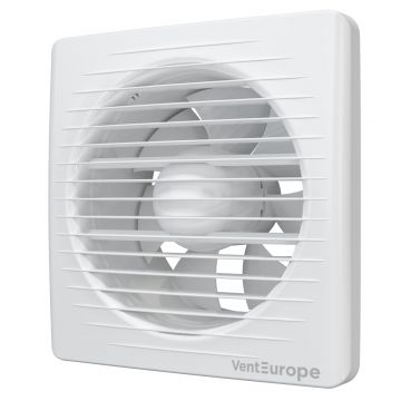 Ventilator de perete VentEurope CLASSIC150BD, patrat, clapeta antiretur, diametru 150 mm, debit 290 mc h, 16W, IP24, cu indicator luminos si plasa