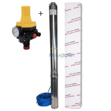 Pachet Pompa submersibila de mare adancime + Prescontrol automat, Aqua Tech Premium, Inox, 20 turbine, 12mc h, H 250m, 30m cablu