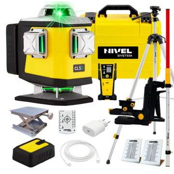 Set nivela laser cu linii 4 x 360° Nivel System CL5G SET SJJM1EX CLS5 LS24, fascicul verde, 30/70m, acumulator 3,7 V, geanta transport, trepied 1,82 m, senzor CLS-5, stadie 2,4 m