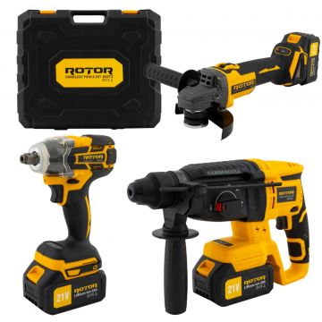 Trusa de Scule 3 in 1 Rotor RSET3, Rotopercutor, Polizor Unghiular, Autofiletanta 21V/3Ah