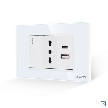 Intrerupator Simplu Cap Scara + Priza Ingusta si USB A+C cu Rama din Sticla LUXION, Standard Italian, 3M
