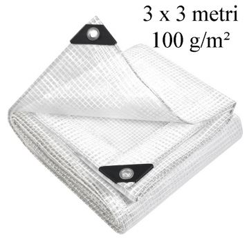 Prelata ranforsata 3x3 m, 100g/mp, protectie UV+, ochiuri otel 12 mm, polietilena transparenta