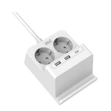 Prelungitor Well, 2 Prize, 2 x USB-A, 1 x USB-C, Incarcator Wireless, Cablu 3 x 1.5 mmp, 2 m