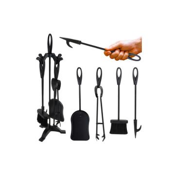 Set 4 accesorii pentru semineu, aspect vintage, suport depozitare, lungime ustensile 42 cm, otel