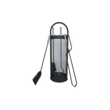 Set accesorii semineu, otel, cleste, carlig, perie, lopata, suport depozitare, negru