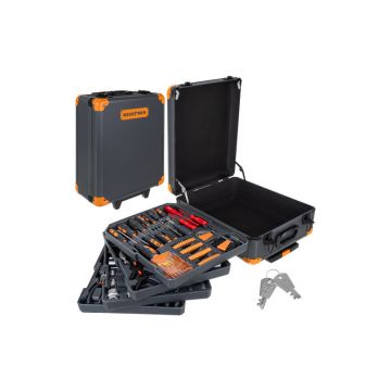 Set scule profesionale, 1000 piese, 4 organizatoare detasabile, incuietori metalice, valiza cu roti, otel