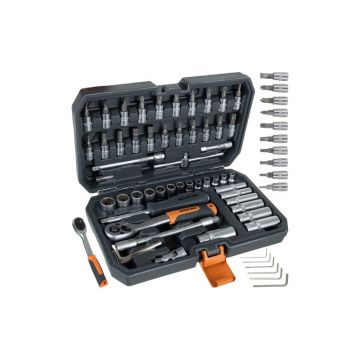 Set scule profesionale, 56 elemente din otel, chei tubulare, extensii, accesorii, valiza cu maner