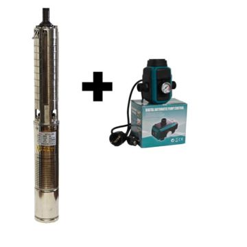 Kit pompa submersibila de adancime DDT 4SP5 8 ,   1.5 kW, 2 CP, 7 m  ³ h, 8 turbine inox cu panou de control, rezistenta la nisip + Presostat electronic inteligent digital