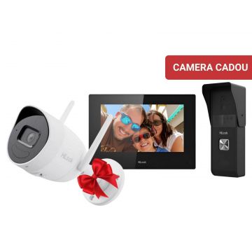 Kit videinterfon si camera supraveghere, 1 familie, Wi-Fi, PoE, rezolutie 4MP, IR30m, audio bidirectional, Hikvision HiLook KITK23P+B140HA/W