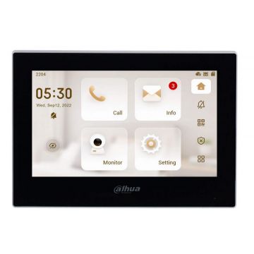 Monitor interior videointerfon IP Dahua VTH2621G-P, aparent, ecran 7 inch TFT, Audio bidirectional, Alarma, PoE, negru