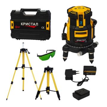 Nivela laser profesionala DDT-KRISTAL 12 linii, fascicul verde, cu trepied, acumulator Li-Ion, ochelari de protectie si valiza de transport