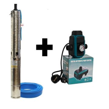 Pachet promo Pompa submersibila de adancime DDT 4SP5 12 ,   1.8 kW, 2.5 CP,8 m  ³ h, 90 m inaltimea de refulare , 12 turbine inox cu panou de control, rezistenta la nisip + Presostat electronic inteligent