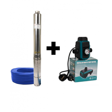 Pachet promo Pompa submersibila de mare adancime, DDT, 4SDM3-16, 2200 W, 16 turbine, 10 m  ³ h Inox, 30 m cablu + Presostat electronic inteligent digital reglabil DDT