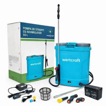 Pompa de stropit WertCraft 16L cu acumulator, duze si regulator de presiune inclus, 8 ah, 2.6l min, 5.5 bar
