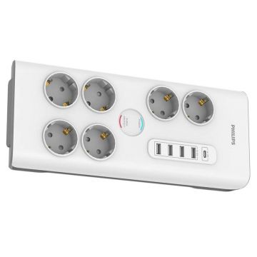 Prelungitor 6 posturi Shuko si 5 USB, 2 metri, Philips PH-SPN7060WA