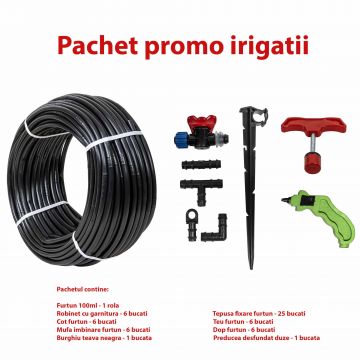 Set irigare + furtun picurare, 16mm, distanta intre picuratori 30 cm 4l/h rola 100m  / SET 30053