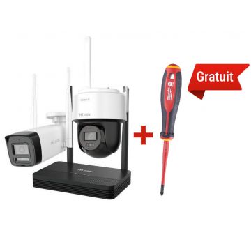 Kit supraveghere IP wireless 2 camere, 4MP, NVS si surubelnita VDE Tri-Lobe gratuita, Hikvision HiLook IKS-2044BPH-PH/W + 4932478725