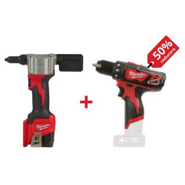 PROMO: Kit pistol de nituit Milwaukee M12, 9000N, 2.4-4.8mm, acumulator M12 B2 + Masina de gaurit subcompacta M12, 30Nm, 4933464405-PROMO